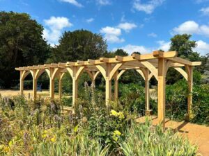 Replacement Green Oak Pergola Installed at Hylands Park length view